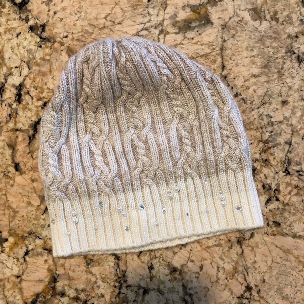 NWT CHICO’S PEARL & RHINESTONE Cable Knit Beanie Hat Cashmere Ombré skullcap